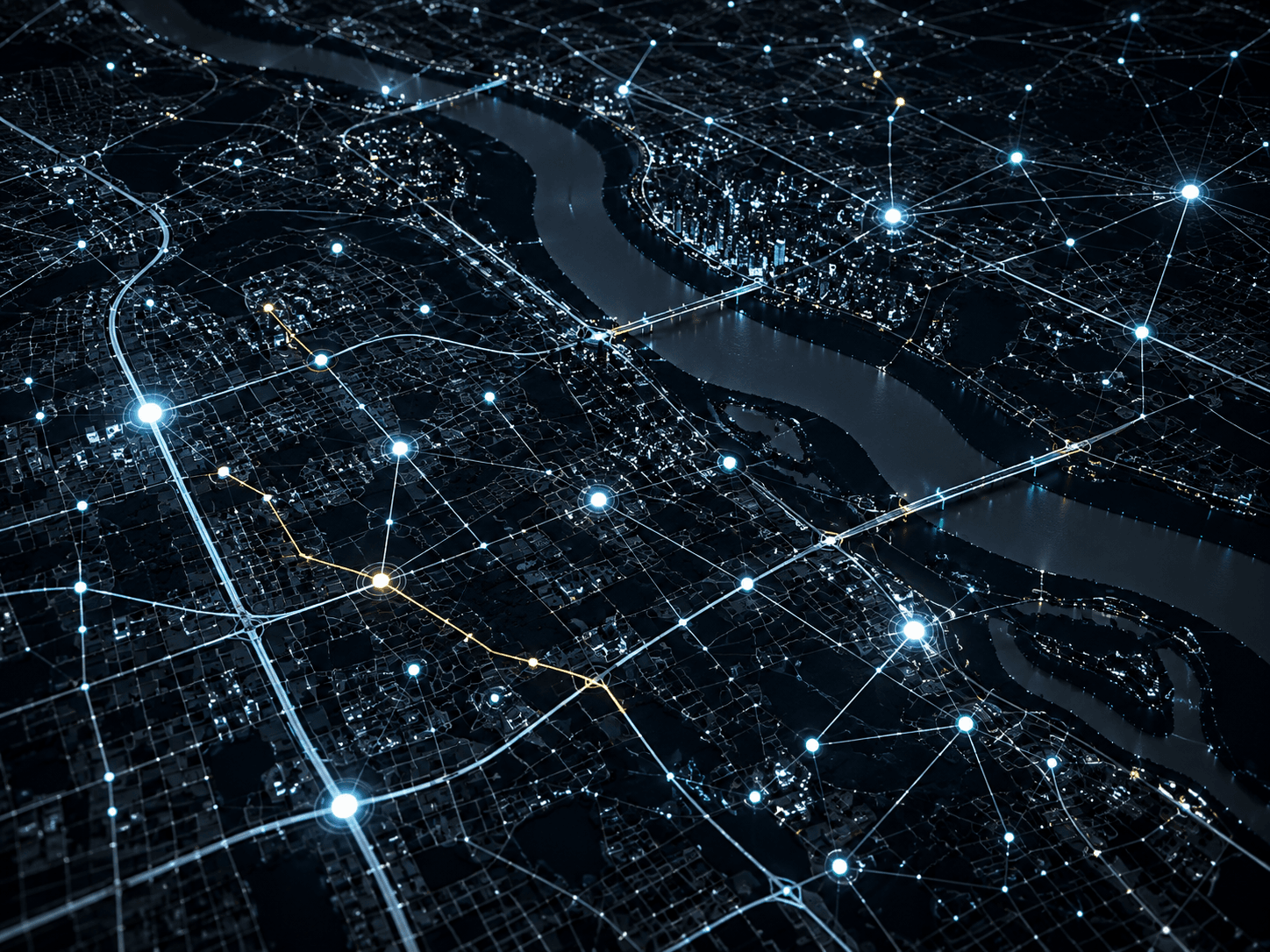 Mapa urbano noturno com pontos de dados iluminados