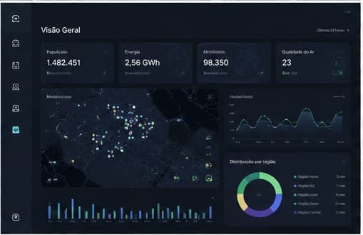 Interface de monitoramento urbano com mapas e indicadores